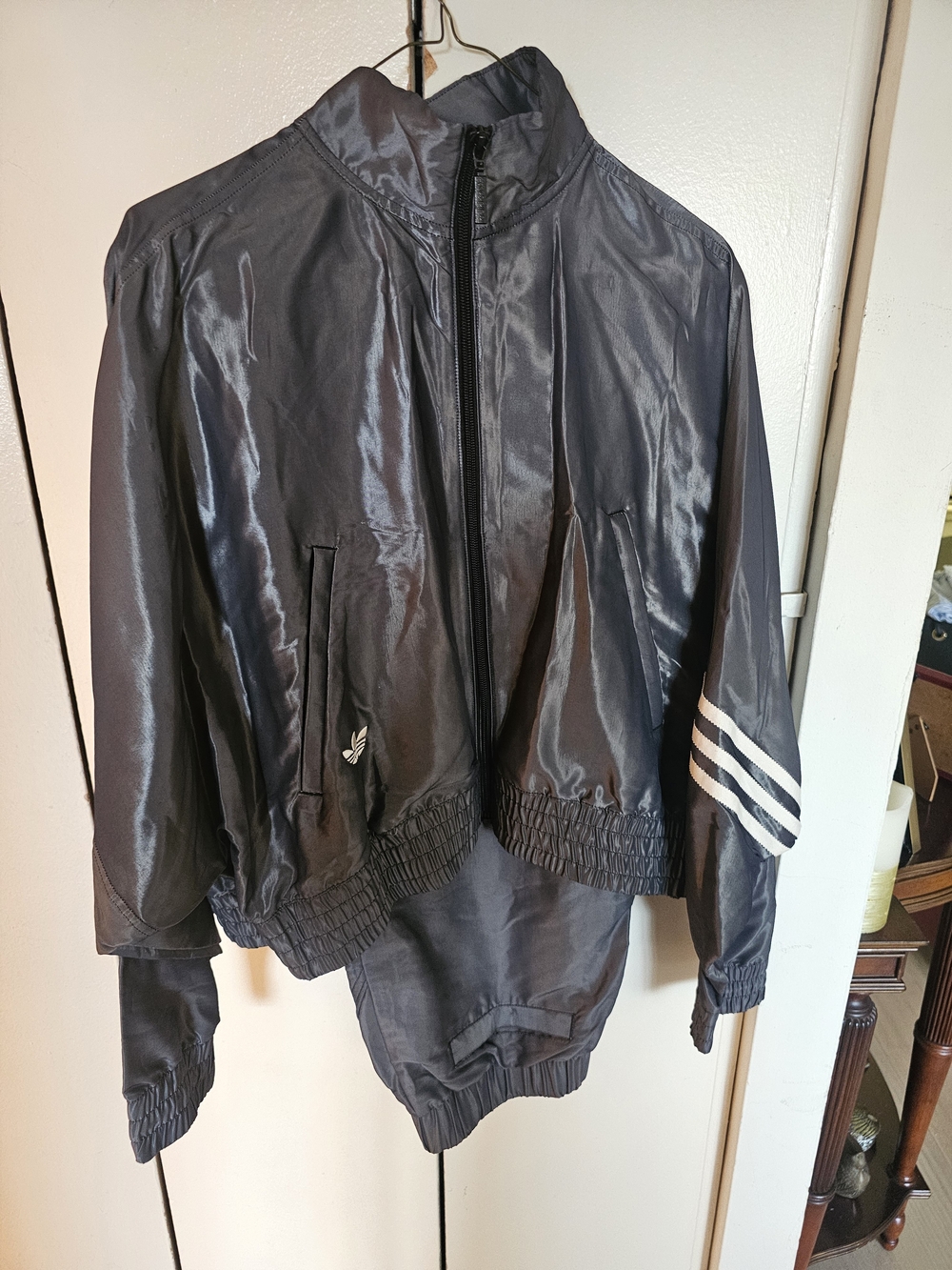 Adidas Women's Grey Sheen TrackSuit with White Stripes On One Sleeve & Pants Leg